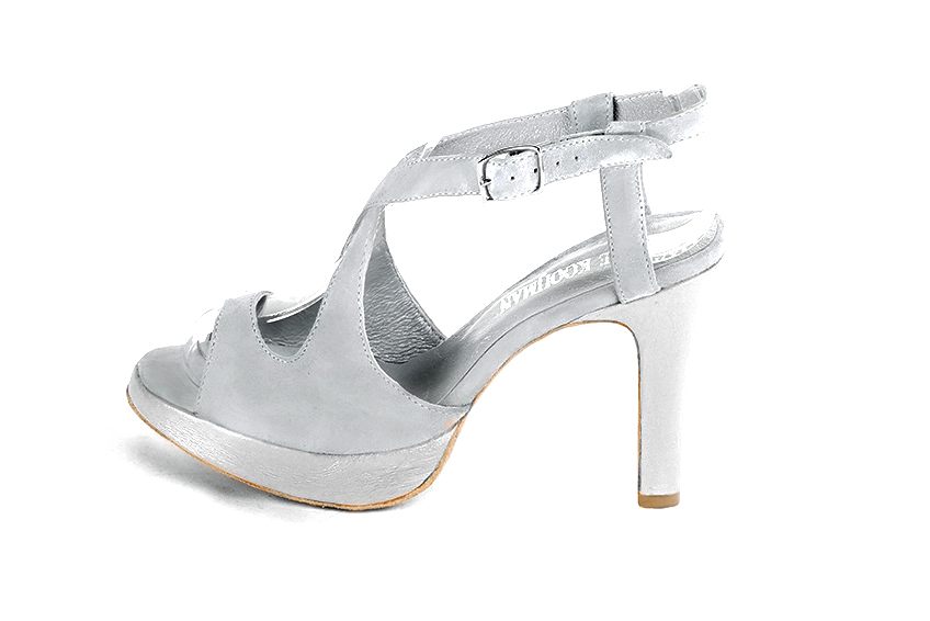 Women's pearl grey and silver elegant cross straps sandals. .  - Profile view